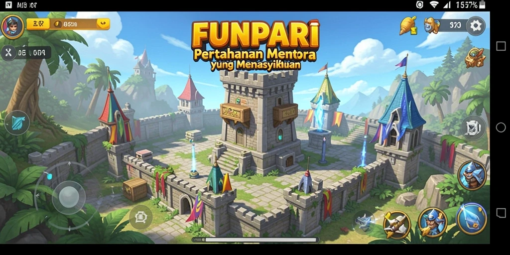 Screenshot gameplay FUNPARI menampilkan serangan musuh yang intens di pertahanan menara.