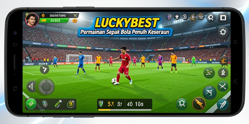 Screenshot permainan <strong>LUCKYBEST</strong> menunjukkan gameplay sepak bola yang dinamis.