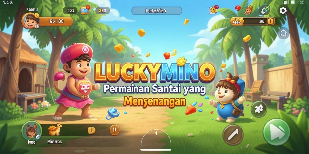 Screenshot menampilkan gameplay seru LUCKYMINO yang penuh warna.