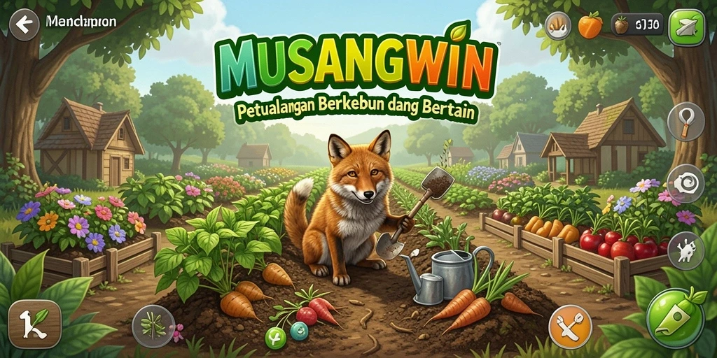 Screenshot utama MUSANGWIN menampilkan suasana kebun yang indah dan penuh warna.