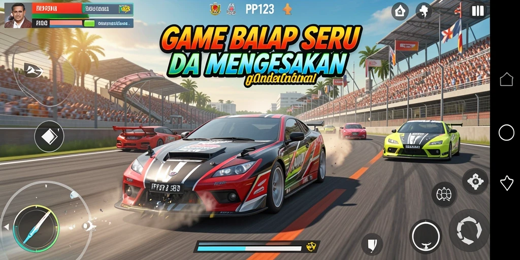 Tangkapan layar utama PP123 menampilkan balapan seru dengan mobil cepat.
